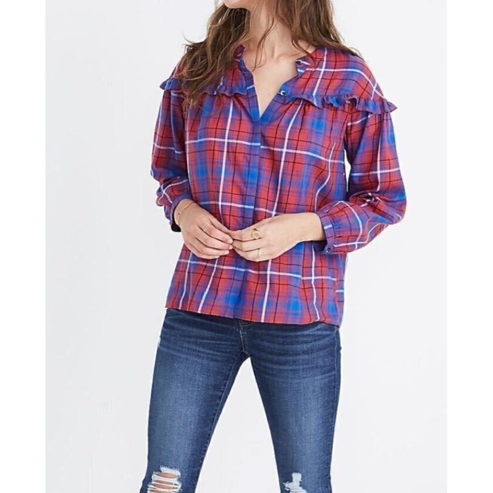 Madewell Top Womens Medium Plaid Shirred Button Up 3/4 Sleeve Cotton Peasant